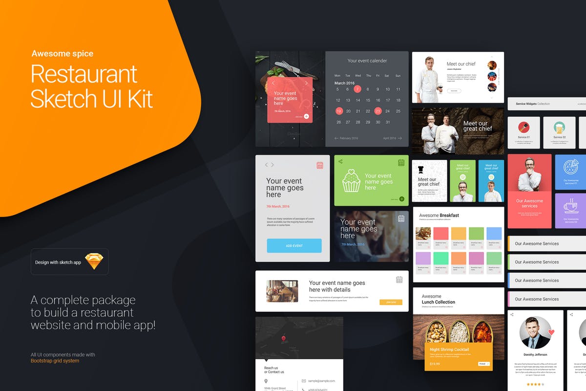 西餐餐馆品牌APP&网站UI模板 Awesome spice – Restaurant Sketch UI kit插图