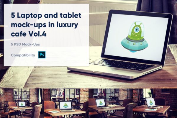 咖啡店场景MacBook&amp;iPad屏幕预览素材库精选样机模板v4 5 Laptop and tablet mock-ups in cafe Vol. 4