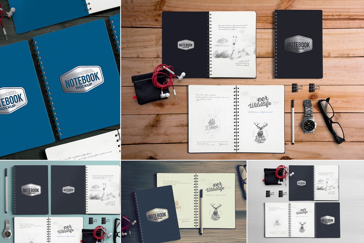 高端品牌精装活页记事本样机 5 Notebook Mockups With Movable Elements插图