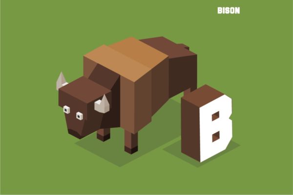 字母B&amp;野牛动物英文字母识字卡片设计2.5D矢量插画素材 B for Bison, Animal Alphabet