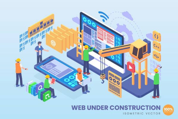 Web架构体系主题等距矢量素材库精选概念插画 Isometric Web Under Construction Vector Concept