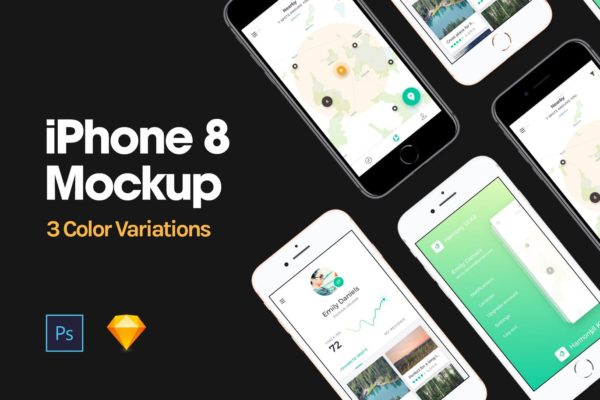 三色iPhone 8手机屏幕演示样机模板 iPhone 8 Mockup