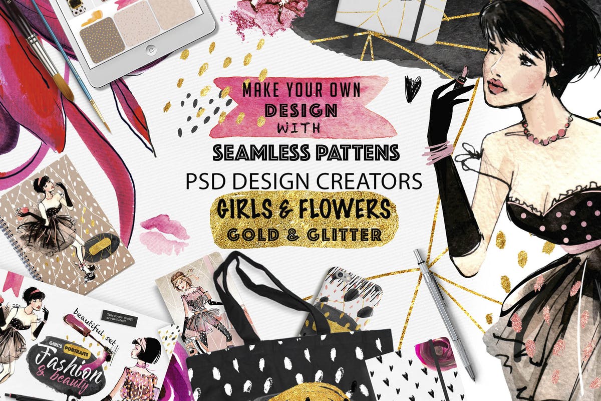 时尚女孩手绘水彩插画和水彩无缝纹理合集 Fashion deal Girls and patterns插图