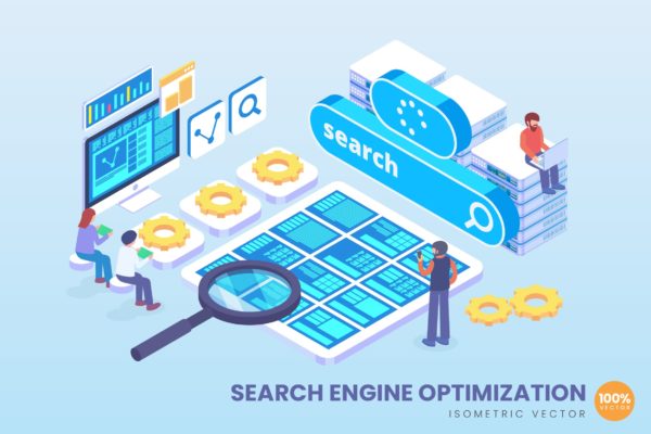 SEO搜索引擎优化技术等距矢量科技素材库精选概念插画v1 Isometric Search Engine SEO Vector Concept