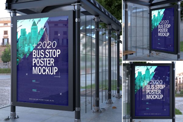 公交巴士站橱窗海报张贴效果图样机素材库精选 Bus Stop Poster – Mockups FH