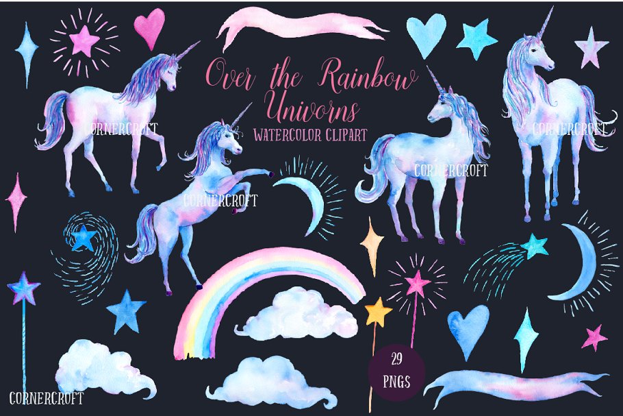 粉紫彩虹色调彩手绘独角兽插图 Pink and Purple Unicorns插图(4)