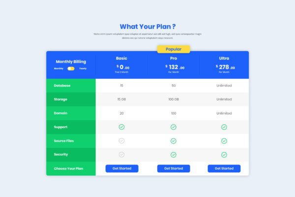 网站托管服务套餐价格表单UI设计模板 Pricing Table