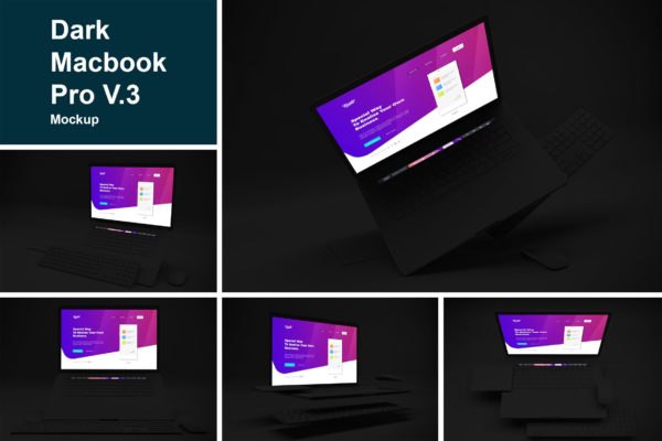 暗黑背景MacBook Pro笔记本电脑设计图预览素材库精选样机v3 Dark Macbook Pro Mockup V.3