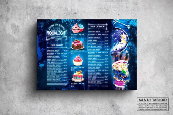 面包蛋糕店菜单海报PSD素材素材库精选模板 Moonlight Bakery Menu – A3 &amp; US Tabloid Poster