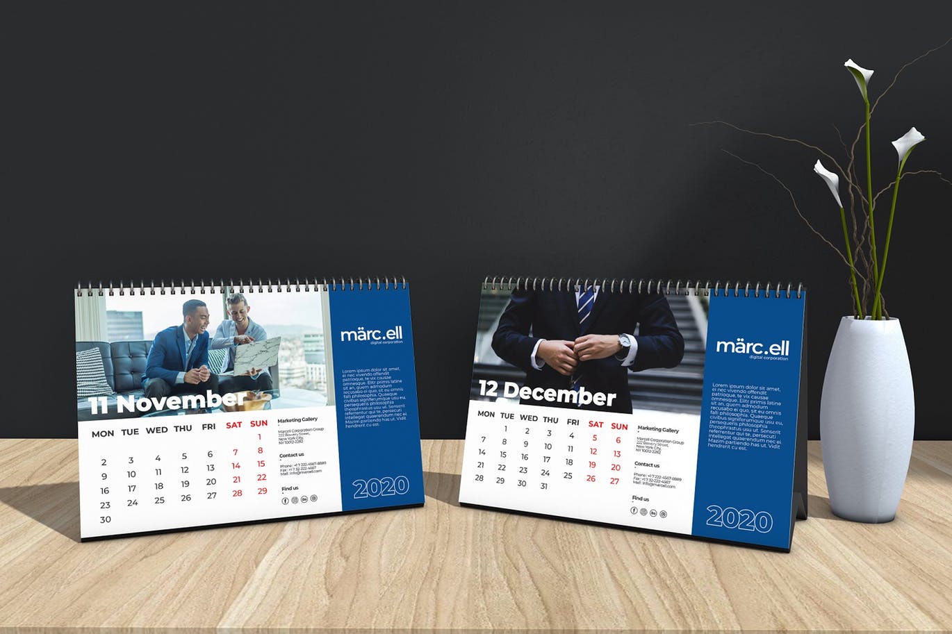 2020年深蓝色翻页台历表设计模板 Marcell Corporate Table Calendar 2020插图(7)