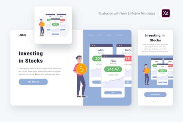 股票投资金融市场主题矢量插图[XD&amp;SVG] Investing in stocks illustration (Adobe XD, SVG)