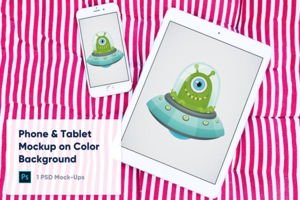 彩色背景平板电脑&amp;手机素材库精选样机模板 1 Tablet &amp; Phone Mockup on Color Background
