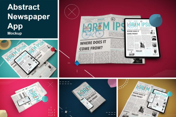 抽象设计风格报纸资讯类APP应用UI设计效果图素材库精选样机 Abstract Newspaper App MockUp