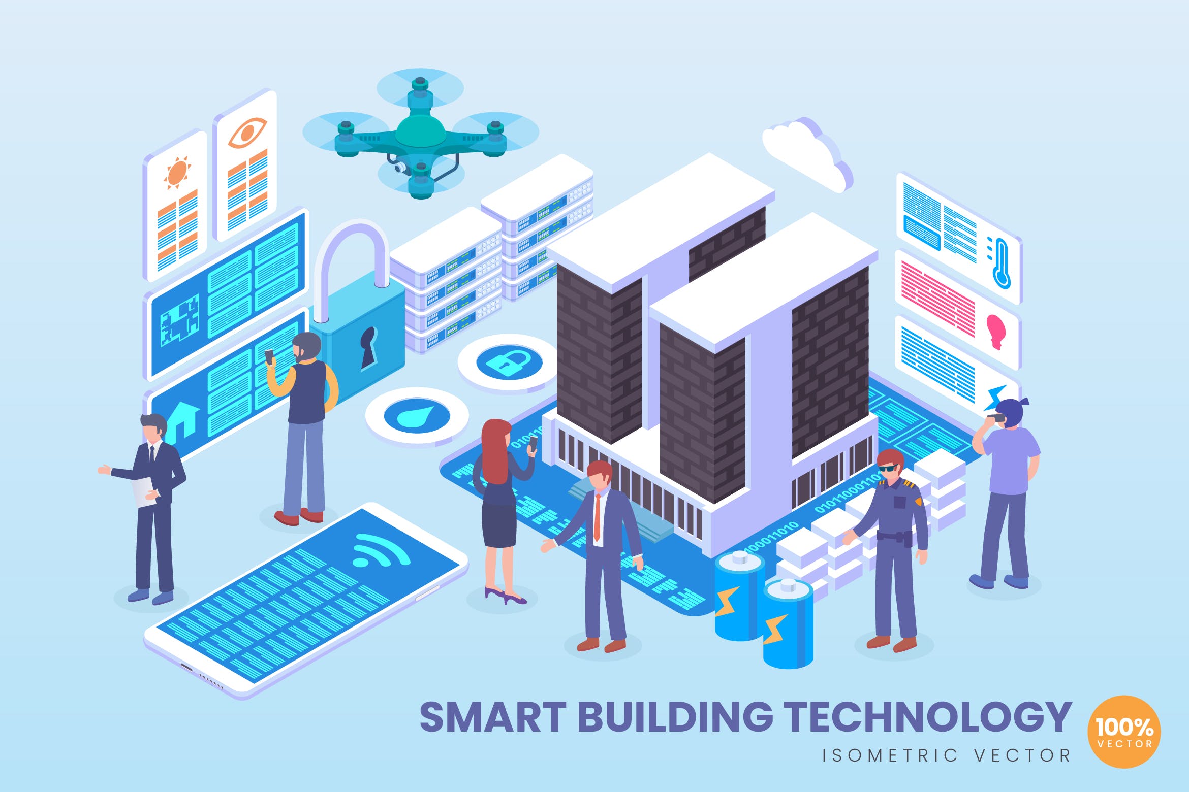 智能建筑技术等距矢量科技素材库精选概念插画v2 Isometric Smart Building Technology Vector Concept插图