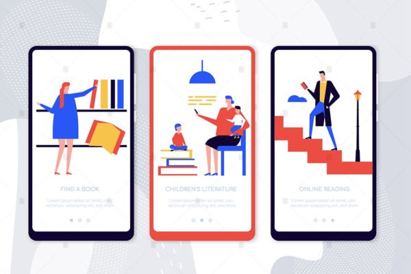 在线阅读APP应用引导页屏幕界面素材库精选概念插画 Online reading onboarding screens cartoon concept