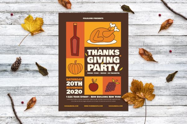 感恩节火鸡派对活动海报设计模板 Thanksgiving Turkey Party