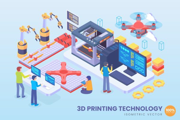 3D打印技术等距矢量科技素材库精选概念插画v2 Isometric 3D Printing Technology Vector Concept
