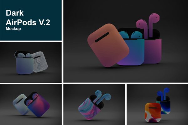暗色背景AirPods无线耳机外观设计素材库精选样机v2 Dark AirPods Mockup V.2