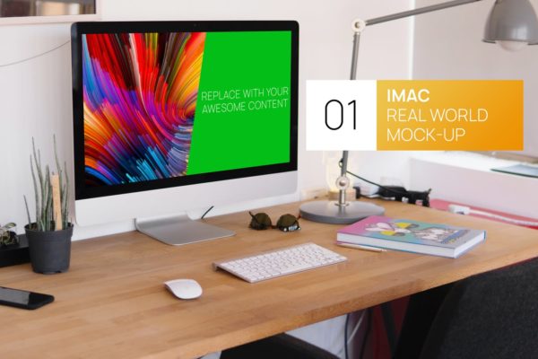 简约实木办公桌场景27寸iMac一体机电脑素材库精选样机 Wooden Desk iMac 27 Real World Mock-up