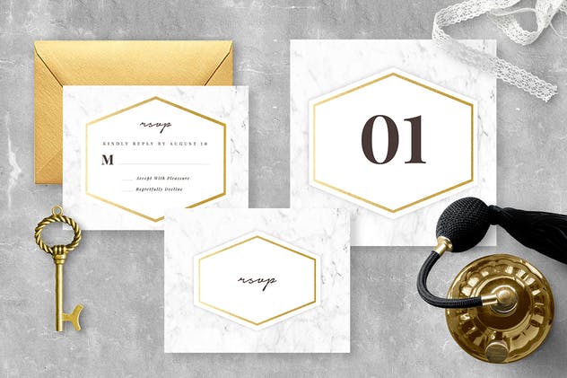 大理石背景婚礼邀请函设计模板 Marble Wedding Invitation Suite插图(1)