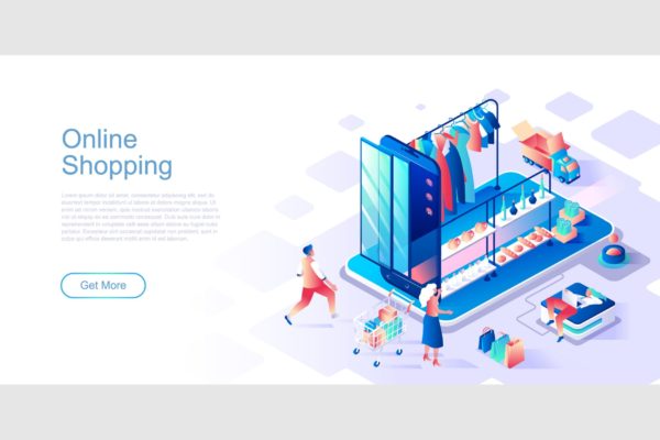 网上购物主题扁平化网站设计等距素材库精选概念插画 Online Shopping Isometric Flat Concept Header