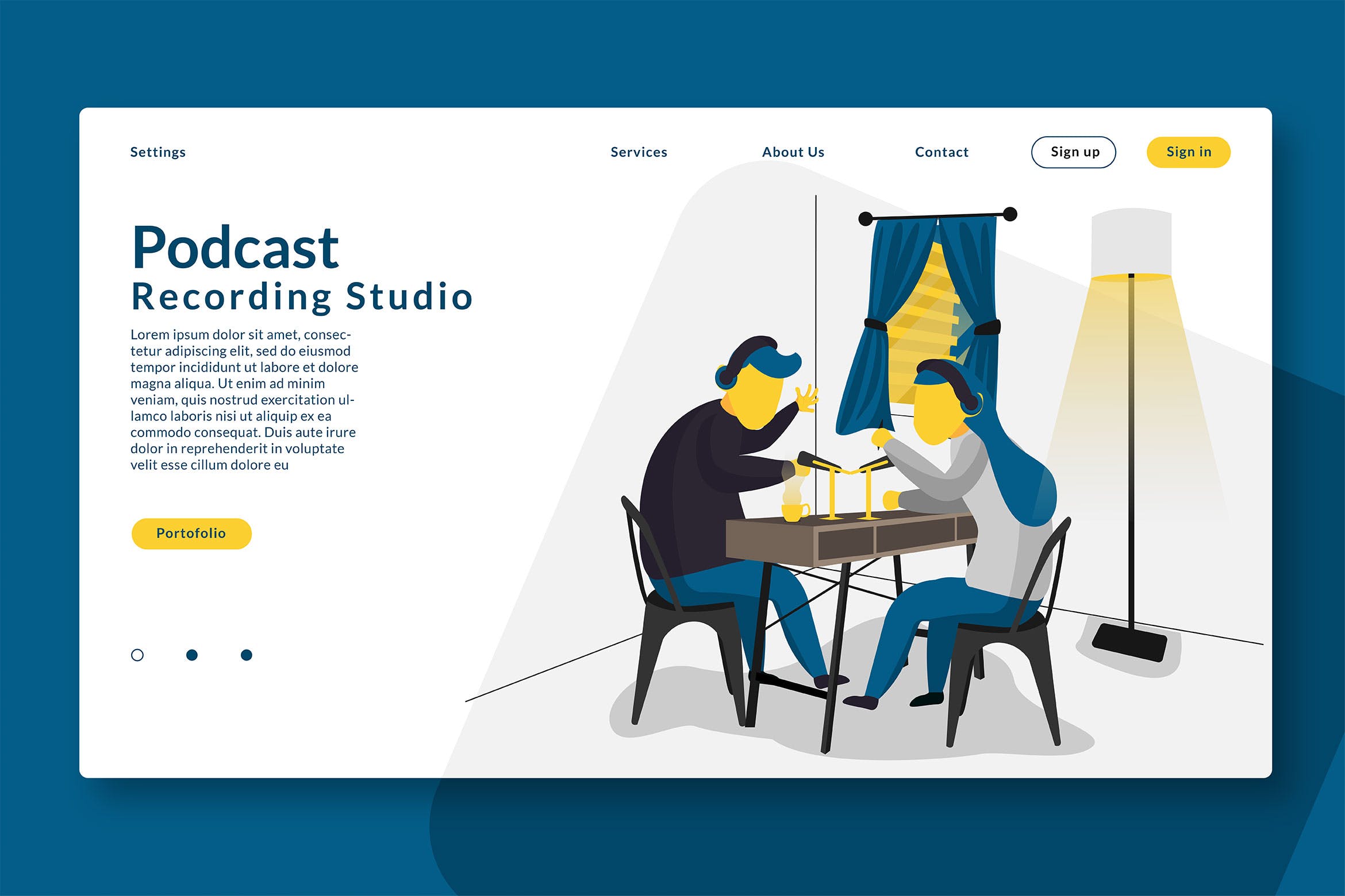 网站设计播客录制素材库精选概念插画素材 Podcast Recording – Web Header & Vector GR插图