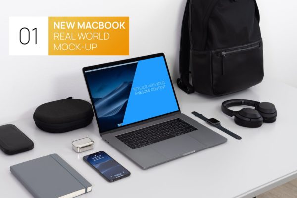 EDC清单15寸MacBook笔记本电脑素材库精选样机模板 New MacBook 15 Touchbar Real World Photo Mock-up
