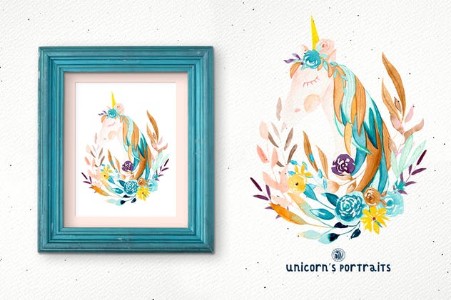 创意独角兽动物肖像水彩插画 Unicorn’s Portraits插图(4)