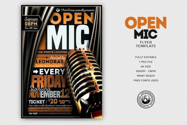 开方式音乐活动传单PSD模板 Open Mic Flyer PSD