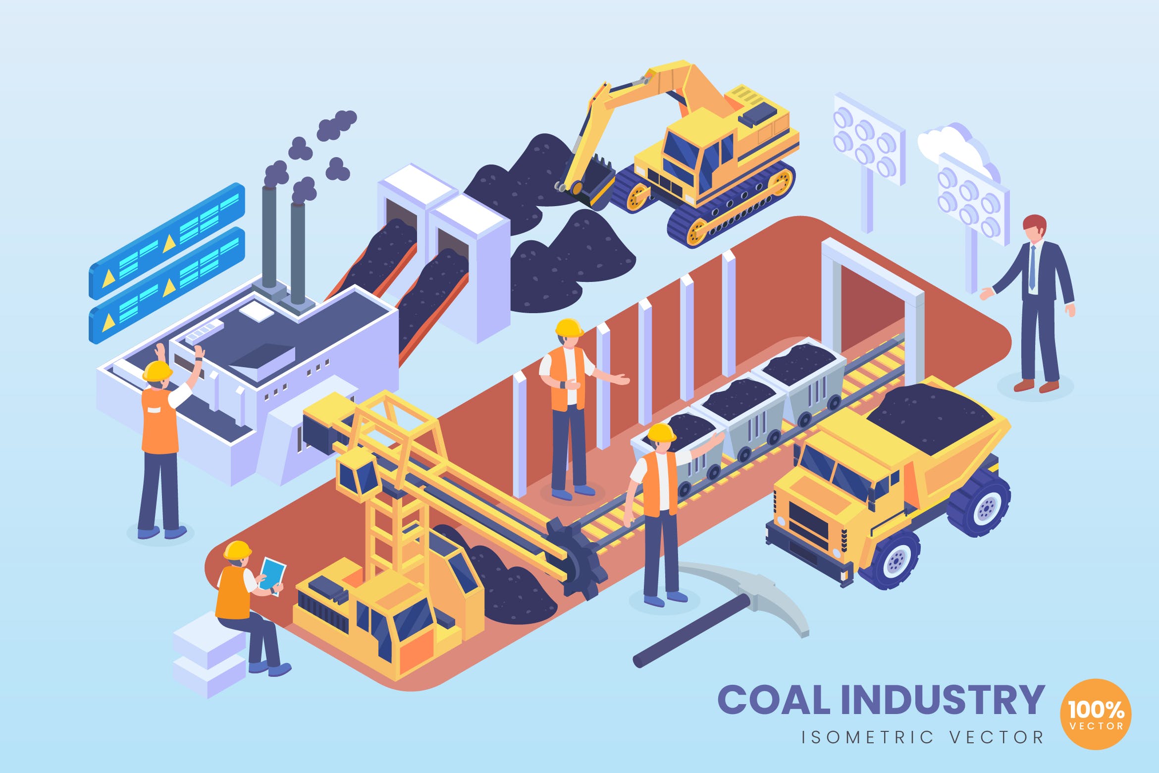 现代化煤矿工业等距矢量科技素材库精选概念插画v1 Isometric Coal Industry Vector Concept插图