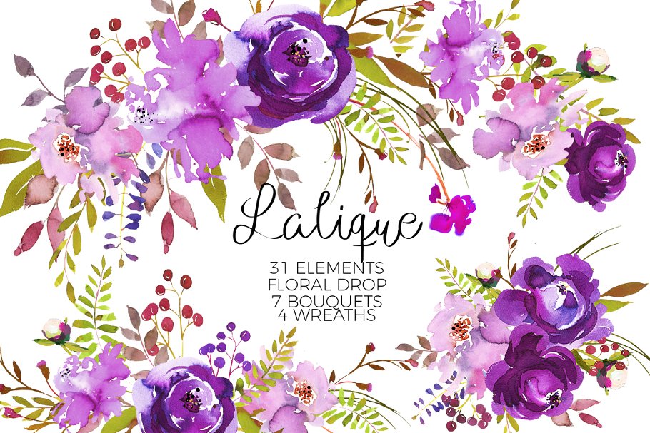 紫罗兰紫色花卉水彩剪贴画 Violet Purple Watercolor Flowers插图