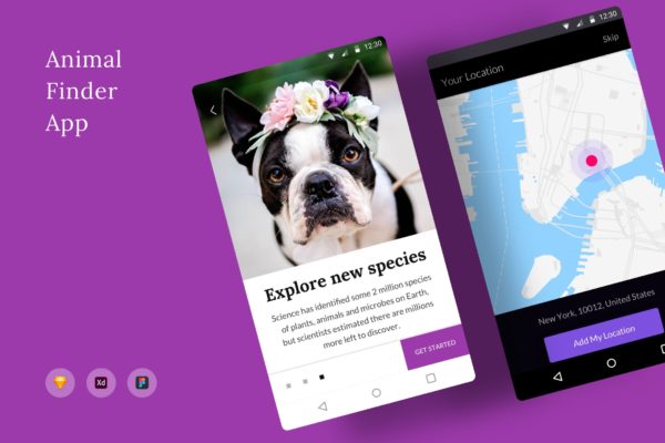 动物防丢失位置搜索APP应用UI界面设计素材库精选模板 Animal Finder App