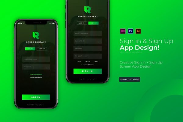 简约风格移动应用程序注册登录界面设计素材库精选模板 Raxor Sign In &amp; Sign Up | App Design