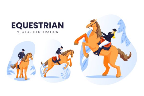 马术运动员人物形象素材库精选手绘插画矢量素材 Equestrian Athlete Vector Character Set
