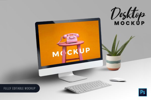 iMac一体机电脑屏幕预览素材库精选样机模板 Desktop Mockup