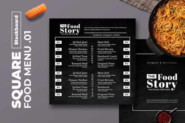 黑板画风格正方形两列式西餐厅素材库精选菜单模板v01 Blackboard Square Food Menu. 01