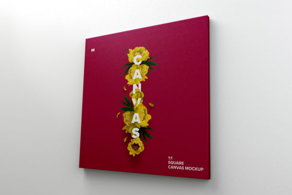 挂墙方形画布油画艺术作品展览右视图样机模板 Square Canvas Mockup Hanging on Wall, Right View
