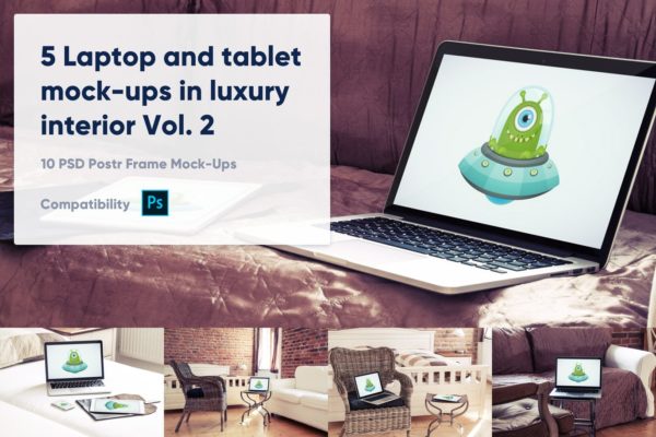 奢华酒店场景笔记本电脑&amp;平板电脑屏幕预览素材库精选样机v2 5 Laptop and tablet mock-ups in hotel Vol. 2