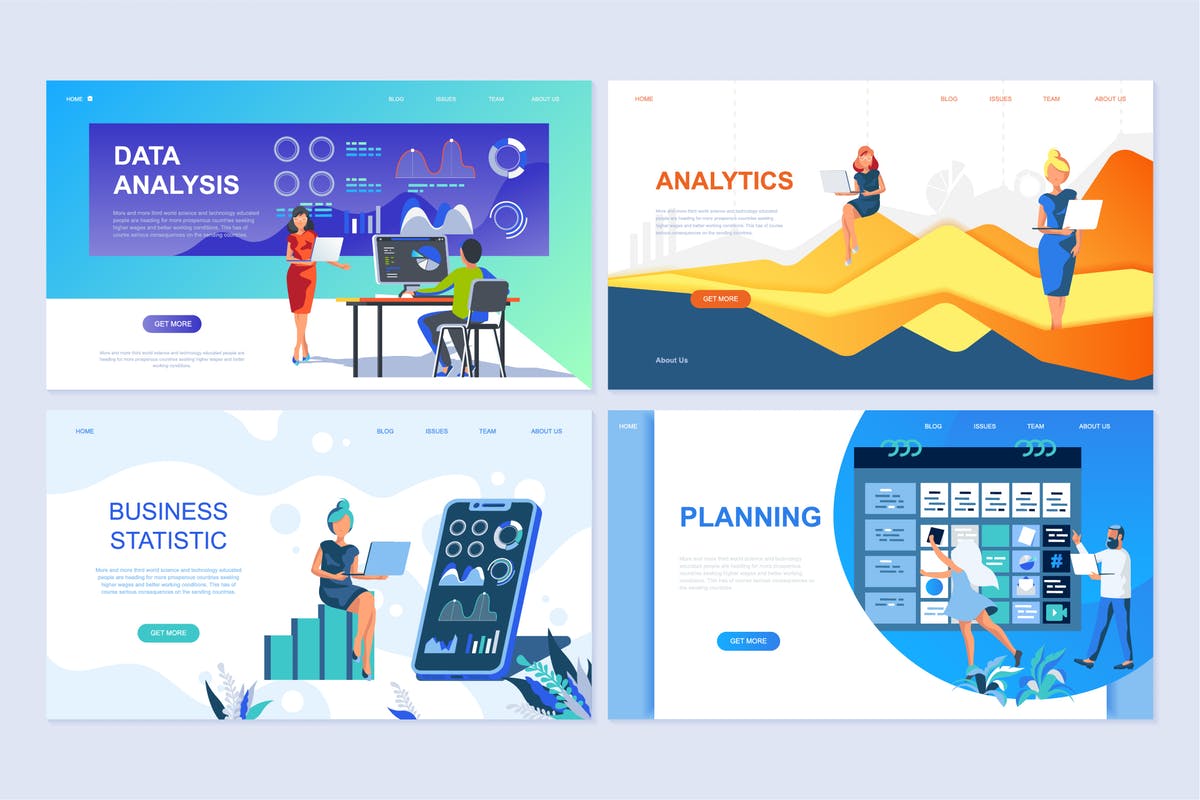 数据统计分析主题扁平化设计着陆页概念插画 Set of Landing Page Templates Flat Concept插图