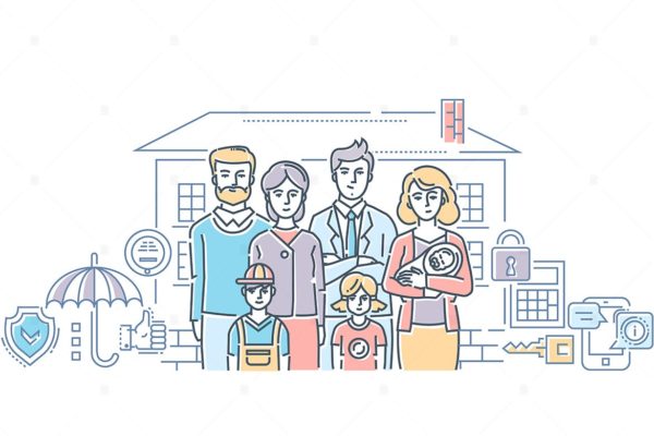 线条设计风格家庭保护主题矢量插画素材库精选 Family protection – line design style illustration
