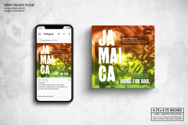 灵魂音乐主题活动宣传单&amp;社交广告设计模板 Jamaica Music Square Flyer &amp; Social Media Post