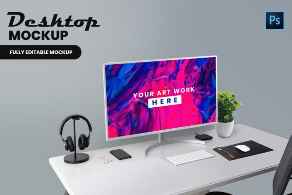 现代简约办公桌电脑高清屏幕预览素材库精选样机 Desktop Mockup