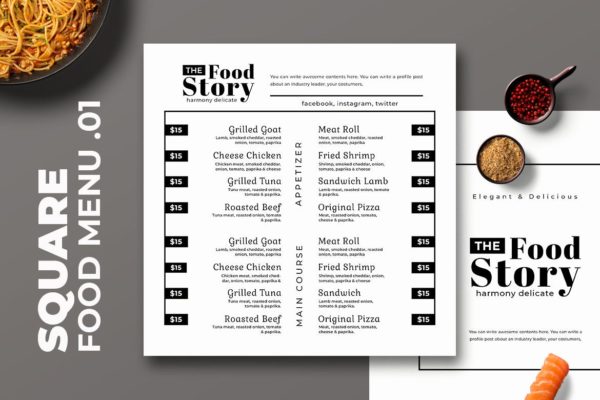 黑白配色西餐素材库精选菜单模板v01 Square Food Menu. 01