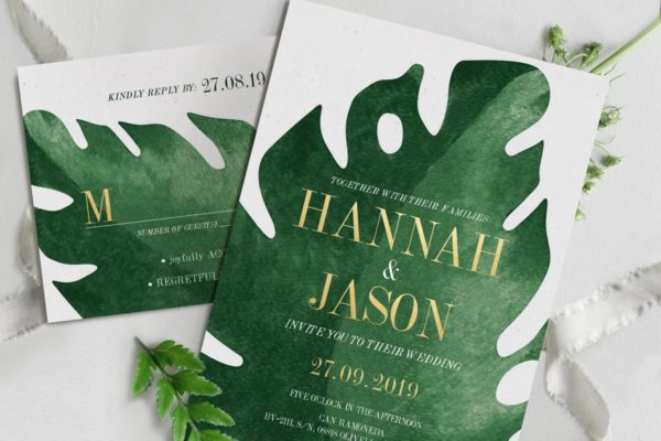 优雅热带植物装饰婚礼邀请函设计模板套装 Elegant Tropical Wedding Suite
