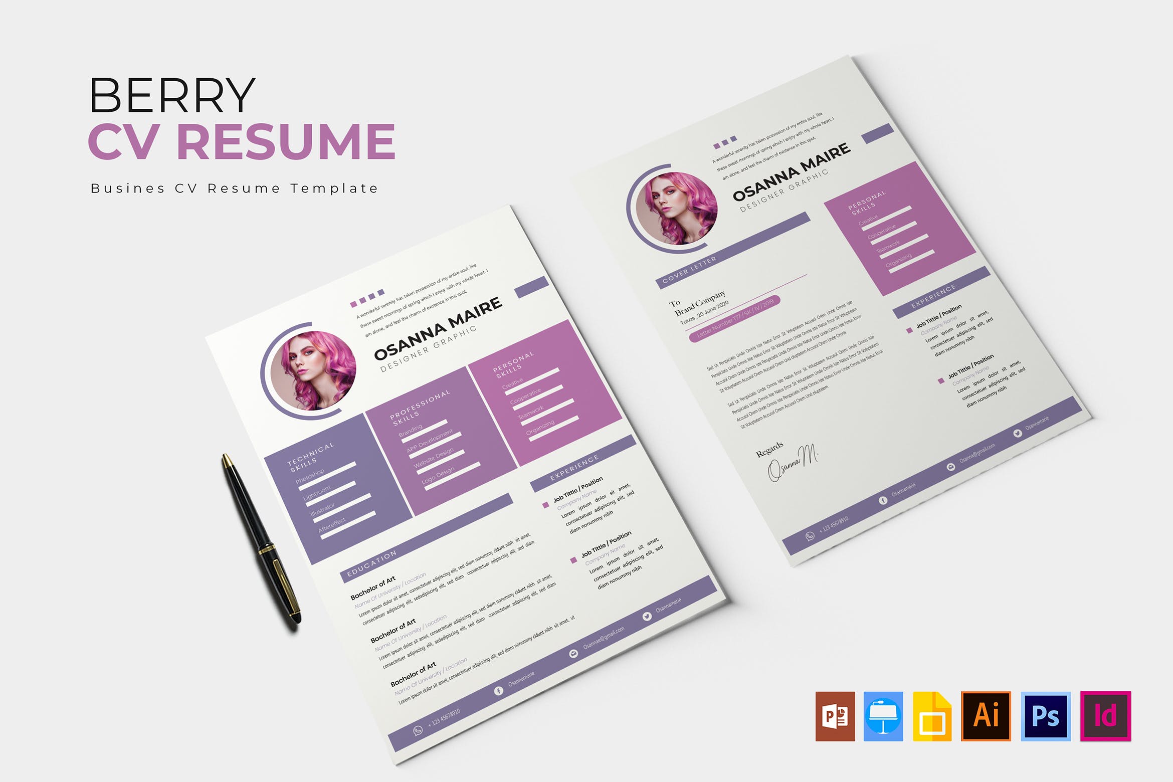 粉红色女性职业简历&介绍信排版模板 Berry | CV & Resume插图