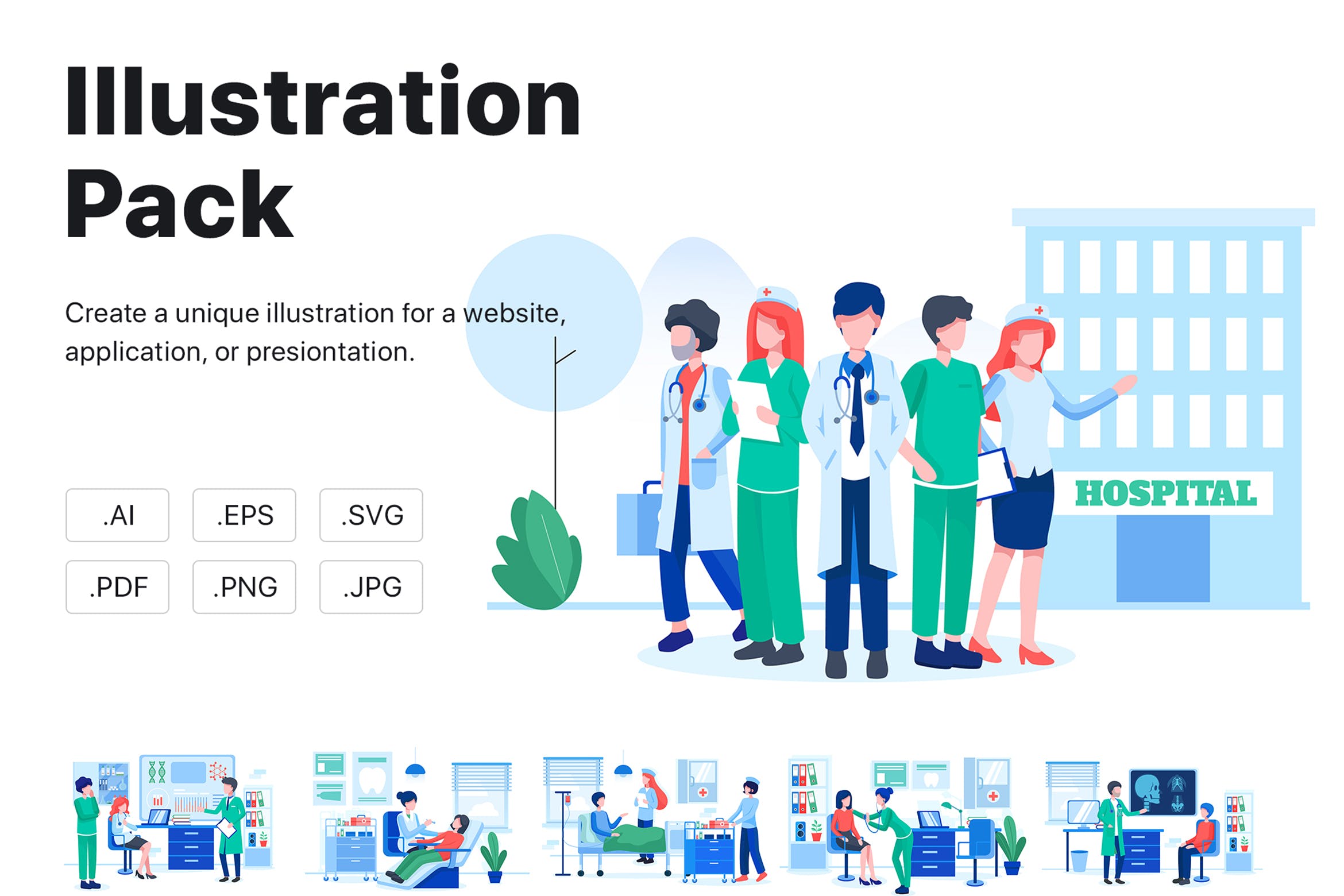 医院&医疗场景矢量插画素材v1 Hospital & Healthcare Vector Scenes插图