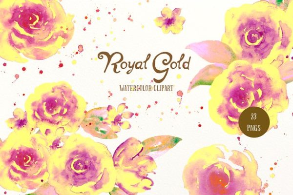 水彩黄紫渐变色玫瑰剪贴画 Watercolor Royal Gold