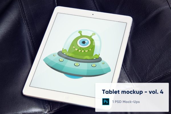 黑色皮革背景iPad平板电脑屏幕演示素材库精选样机v4 Tablet Mockup on Black Leather Background – Vol. 4