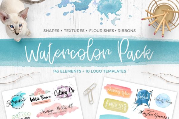 水彩设计元素&amp;水彩风格Logo设计模板 Watercolor Pack. Textures and logos