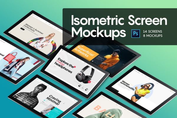网页设计等距平板电脑屏幕样机 Isometric Screen Mockup